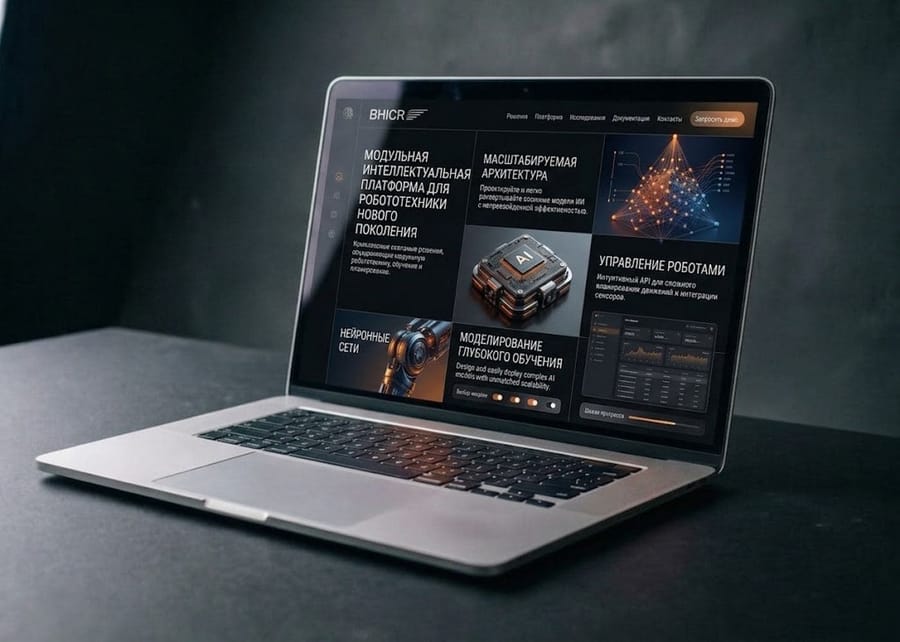Смелый веб-дизайн от Brand Plus: тёмный интерфейс с оранжевой типографикой